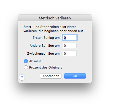 Dialogbox Metrisch variieren – Notendauern (Start-/Stoppzeiten)