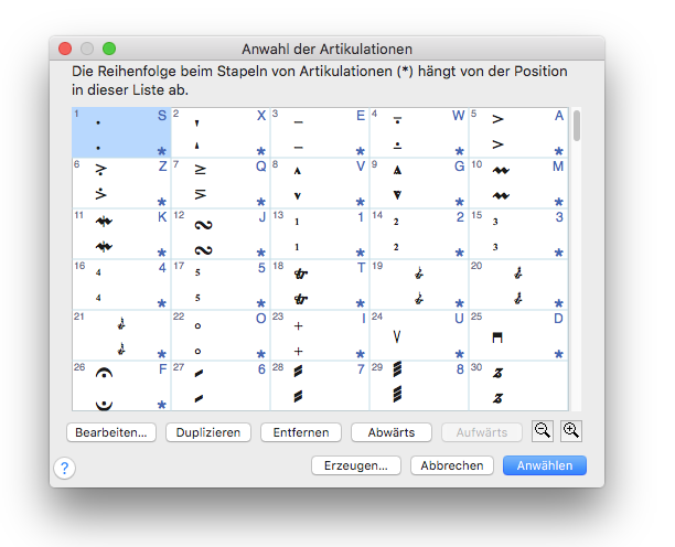 Dialogbox Anwahl der Artikulationen