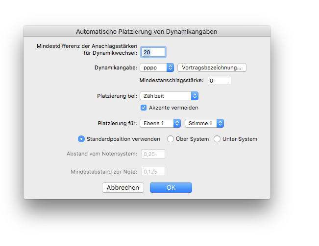 Dialogbox Automatische Platzierung von Dynamikangaben
