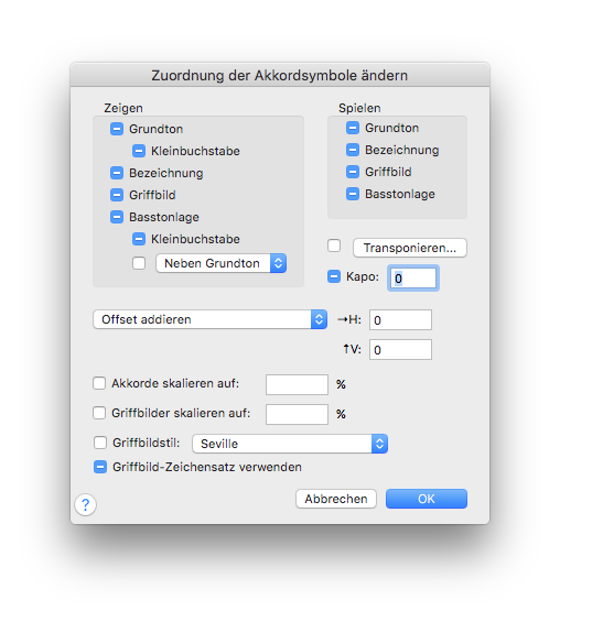 Dialogbox Zuordnung der Akkordsymbole ändern