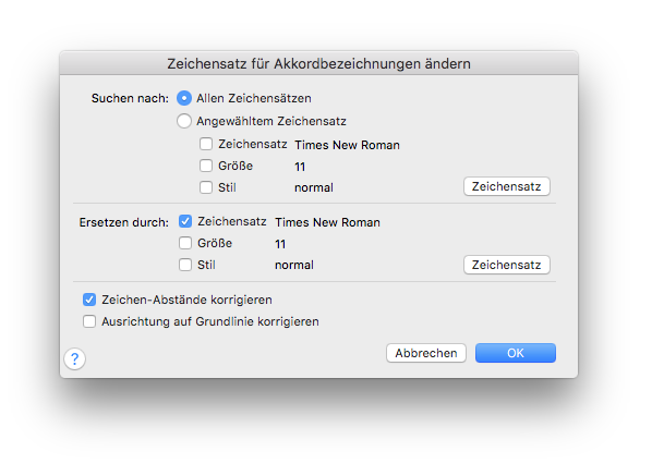 Dialogbox Zeichensatz für Akkordbezeichnungen ändern