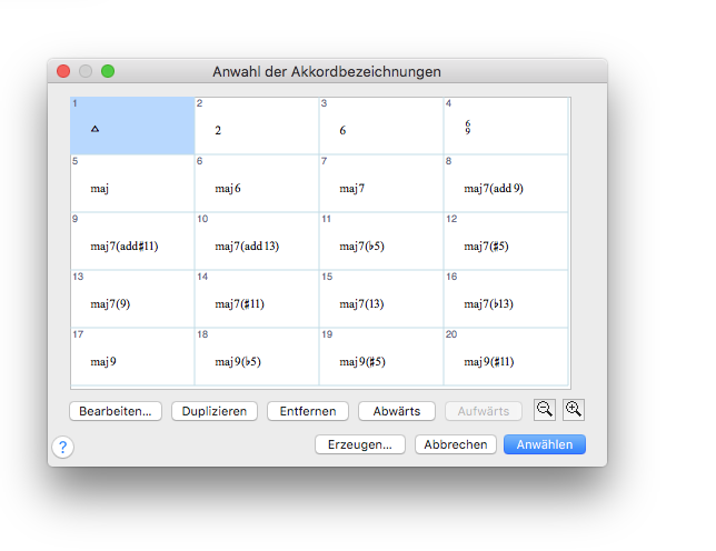 Dialogbox Anwahl der Akkordbezeichnungen