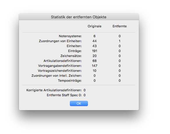 Dialogbox Statistik der entfernten Objekte