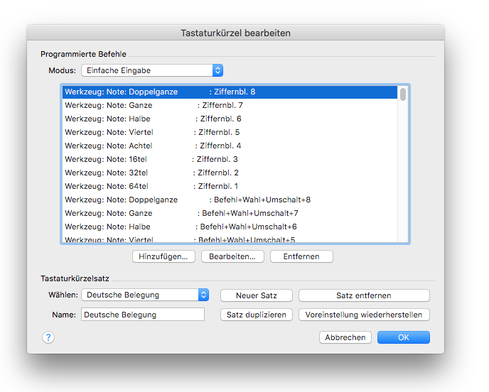 Dialogbox Tastaturkürzel bearbeiten