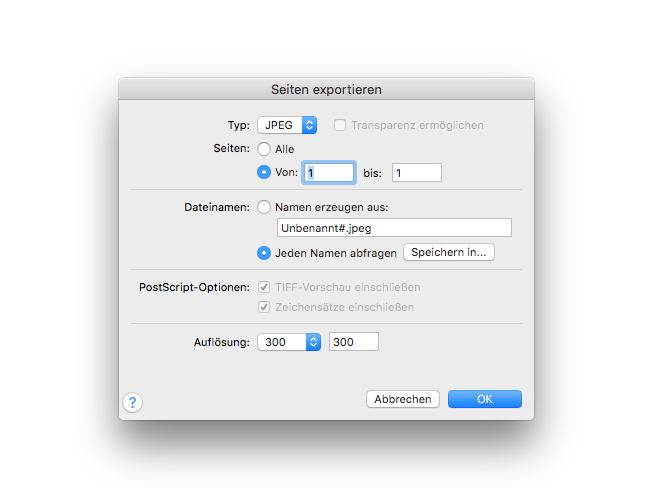 Dialogbox Seiten exportieren