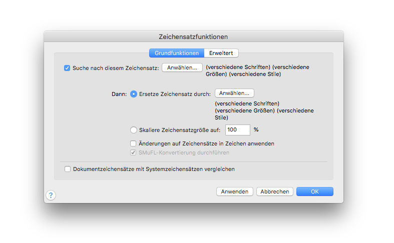 Dialogbox Zeichensatzfunktionen