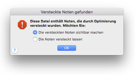 Dialogbox Versteckte Noten gefunden