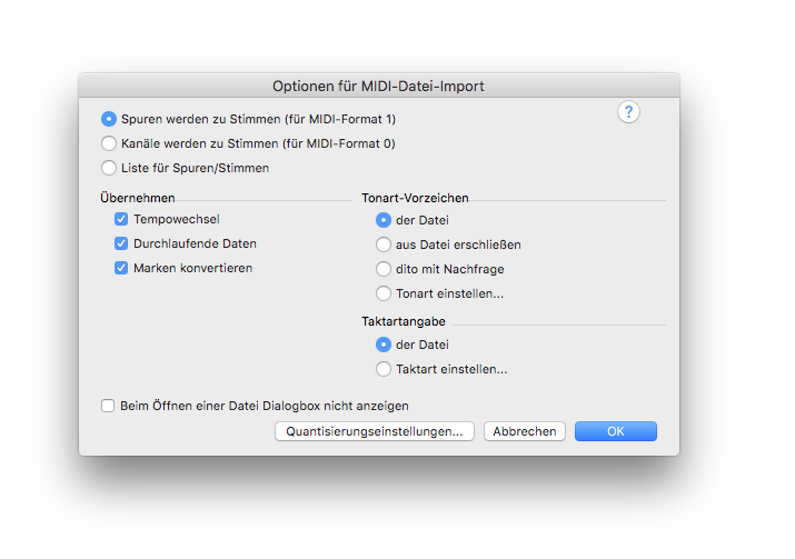 Dialogbox Optionen für MIDI-Datei-Import