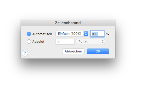 Dialogbox Zeilenabstand