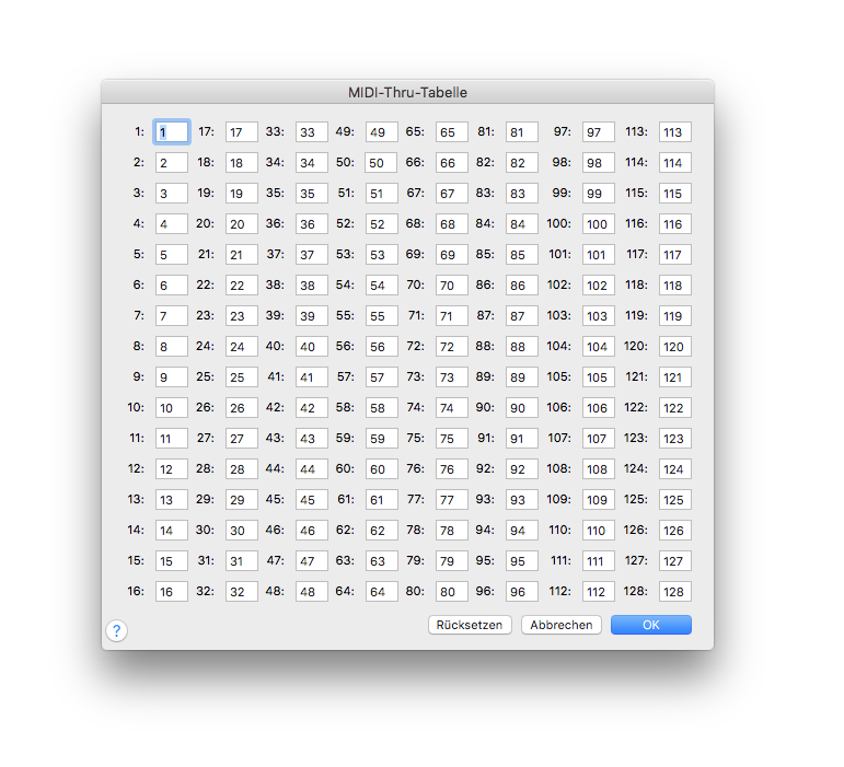 Dialogbox MIDI-Thru-Tabelle