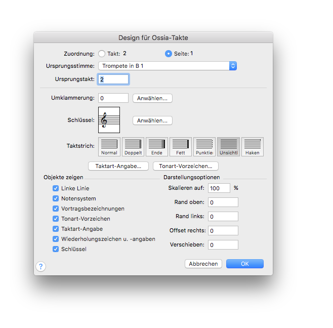 Dialogbox Design für Ossia-Takte