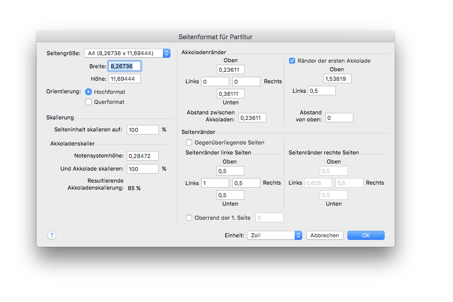 Dialogbox Seitenformat für Partitur