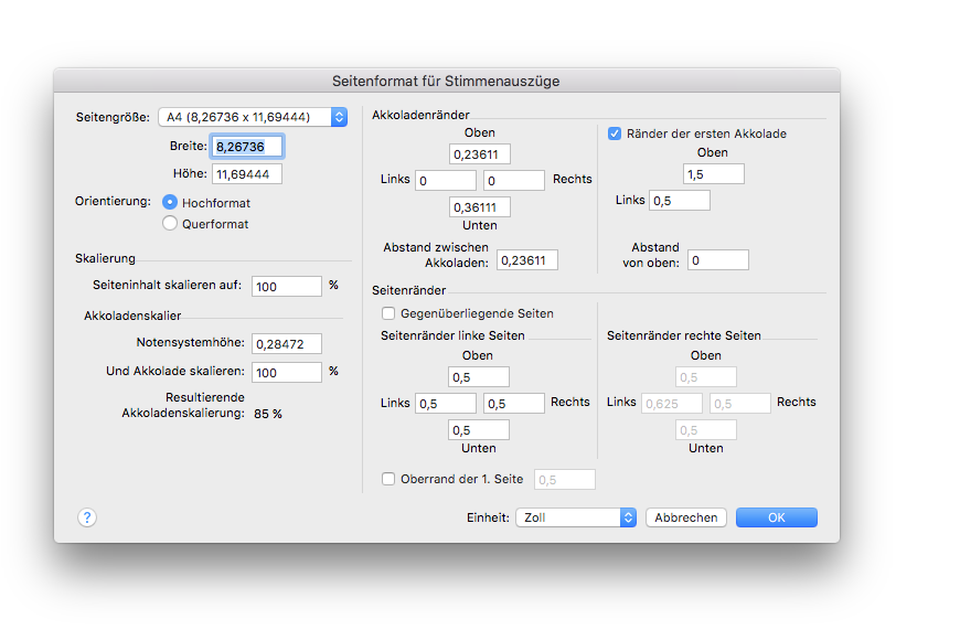 Dialogbox Seitenformat für Stimmenauszüge