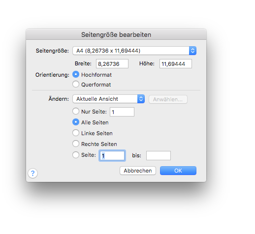 Dialogbox Seitengröße bearbeiten