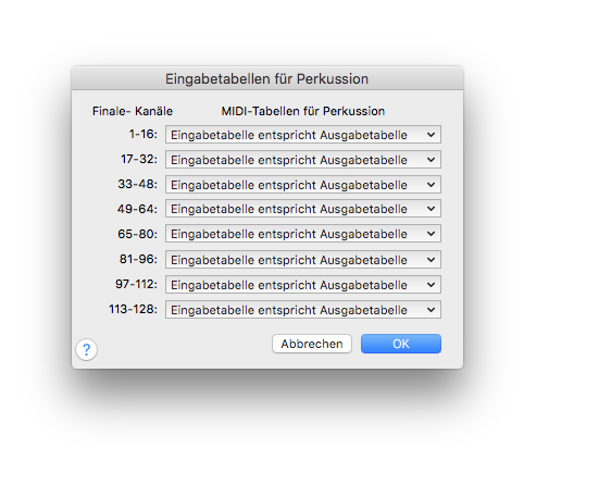 Dialogbox Eingabetabellen für Perkussion