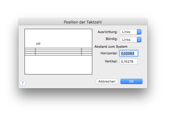 Dialogbox Position der Taktzahl