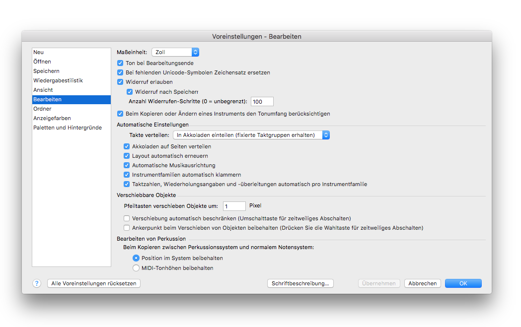 Dialogbox Voreinstellungen – Bearbeiten