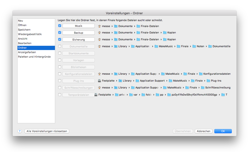 Dialogbox Voreinstellungen – Ordner