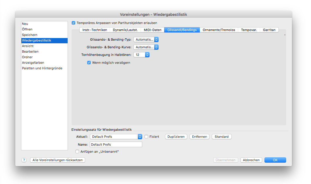 Dialogbox Einstellungen für Wiedergabestilistik – Glissandi und Bendings