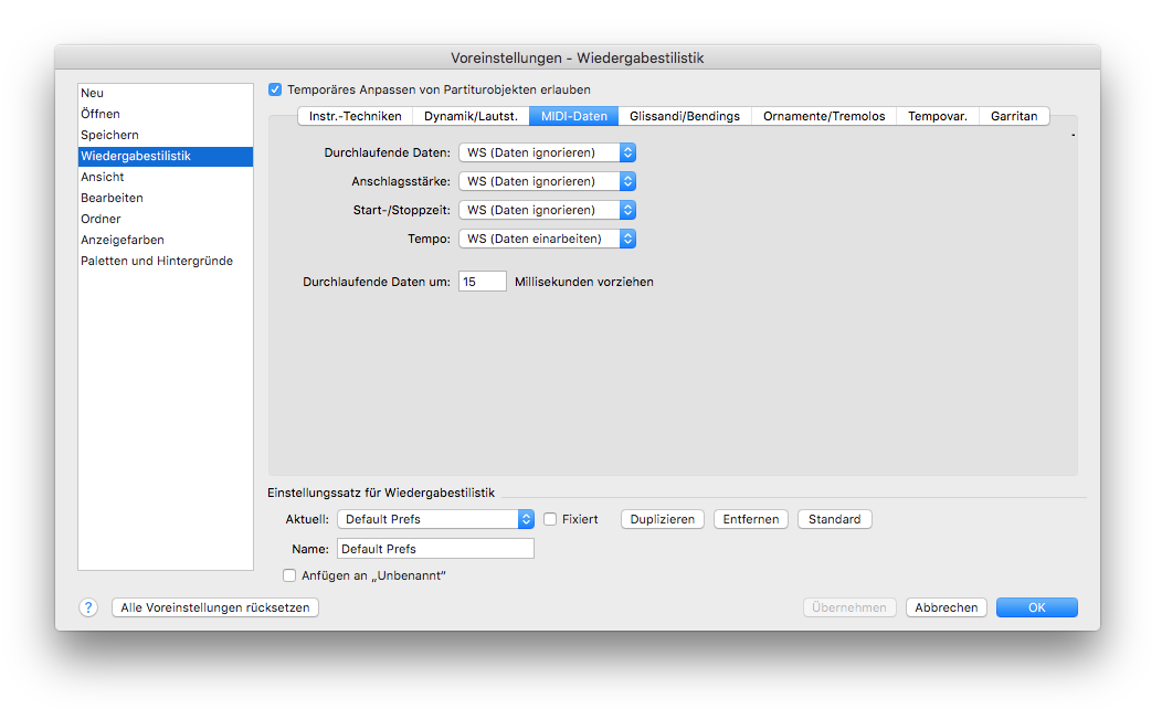 Dialogbox Einstellungen für Wiedergabestilistik – MIDI-Daten