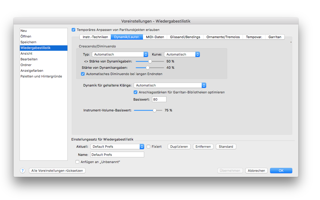 Dialogbox Einstellungen für Wiedergabestilistik – Dynamik und Lautstärke