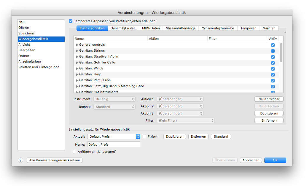 Dialogbox Einstellungen für Wiedergabestilistik – Instr.-Techniken
