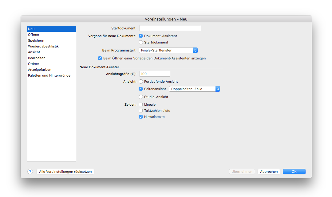 Dialogbox Voreinstellungen