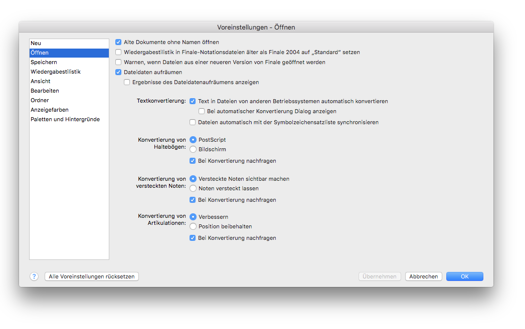 Dialogbox Voreinstellungen – Öffnen