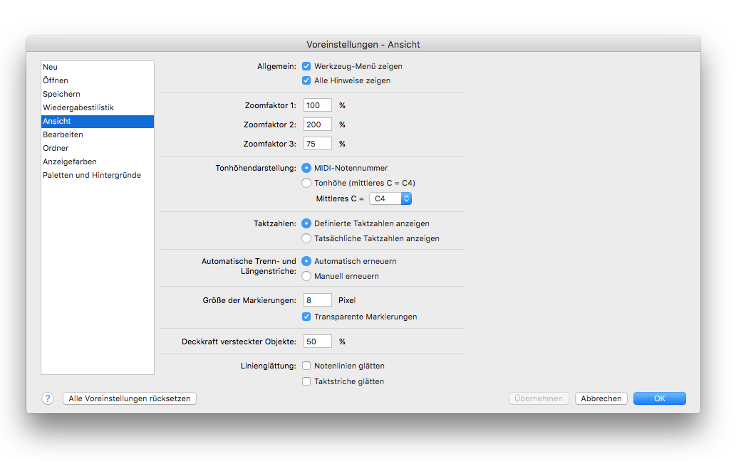 Dialogbox Voreinstellungen  – Ansicht