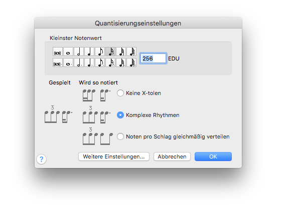 Dialogbox Quantisierungseinstellungen