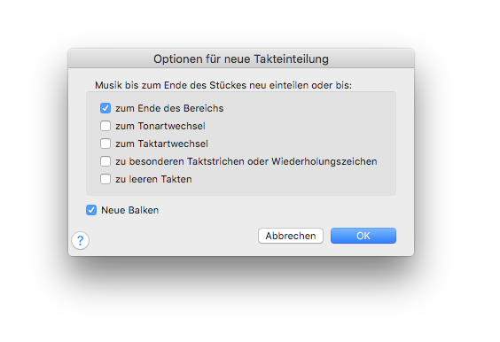 Dialogbox Optionen für neue Takteinteilung