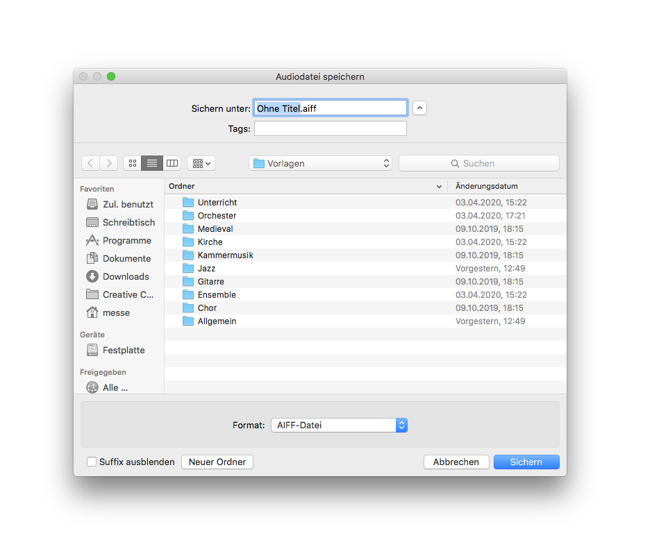Dialogbox Speichern als Audiodatei