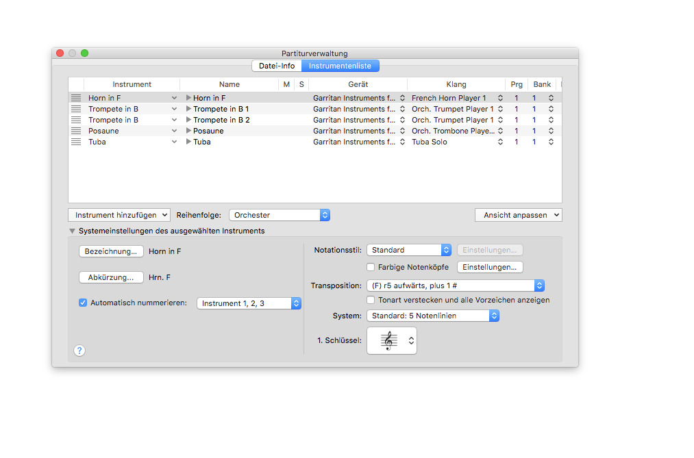 Dialogbox Partiturverwaltung