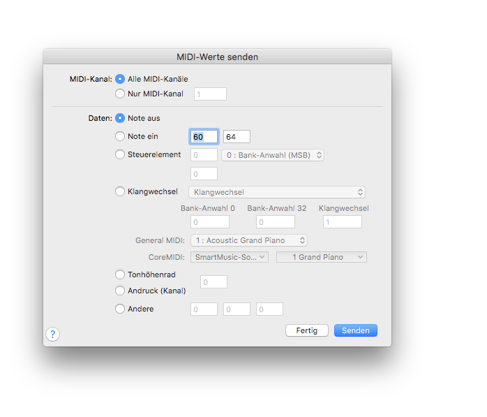 Dialogbox MIDI-Werte senden