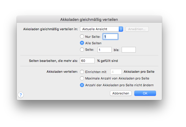 Dialogbox Akkoladen gleichmäßig verteilen