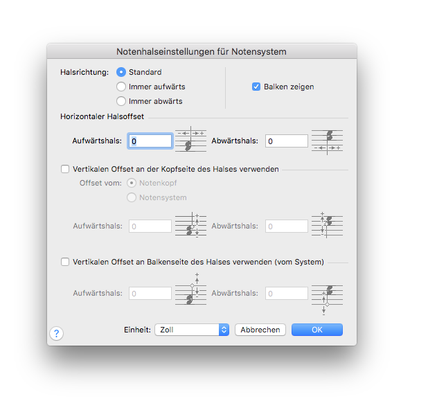 Dialogbox Notenhalseinstellungen für Notensystem