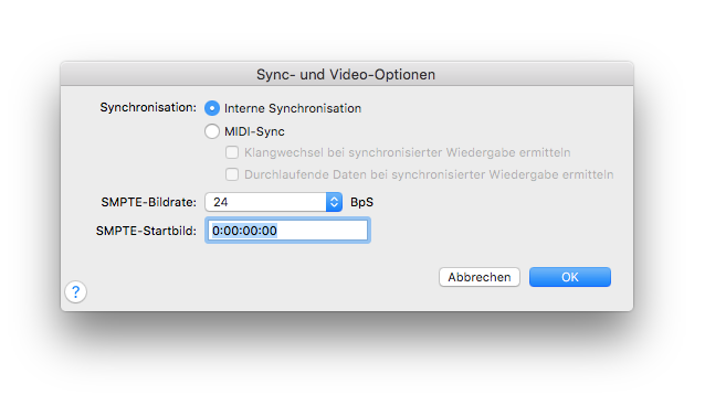 Dialogbox Sync- und Video-Optionen