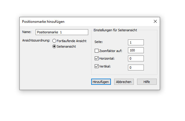 Dialogbox Positionsmarke hinzufügen