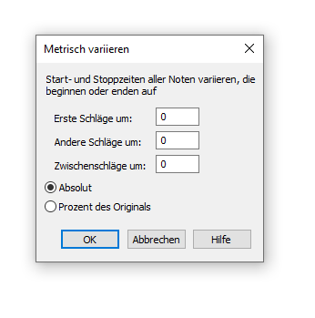 Dialogbox Metrisch variieren – Notendauern (Start-/Stoppzeiten)