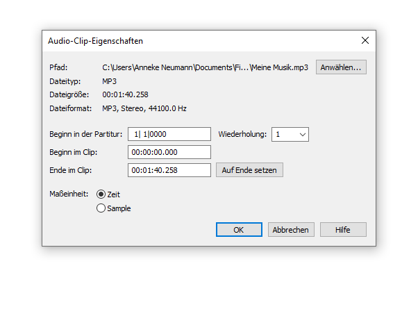 Dialogbox Audio-Clip-Eigenschaften