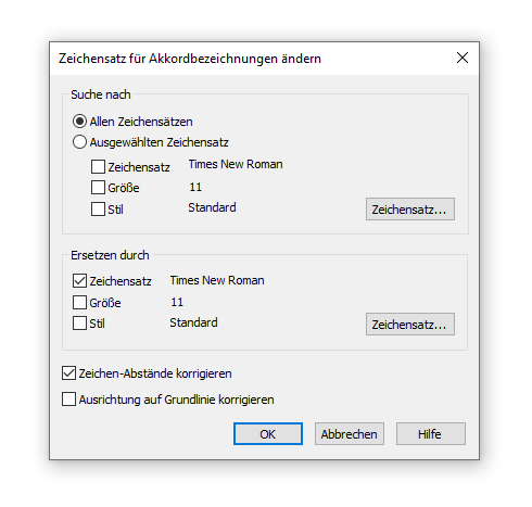 Dialogbox Zeichensatz für Akkordbezeichnungen ändern
