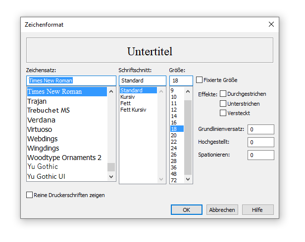 Dialogbox Zeichenformat