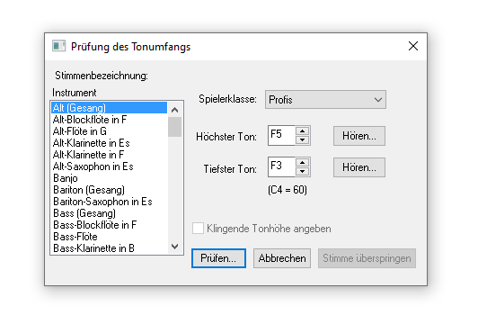 Dialogbox Prüfung des Tonumfangs (Plug-In)