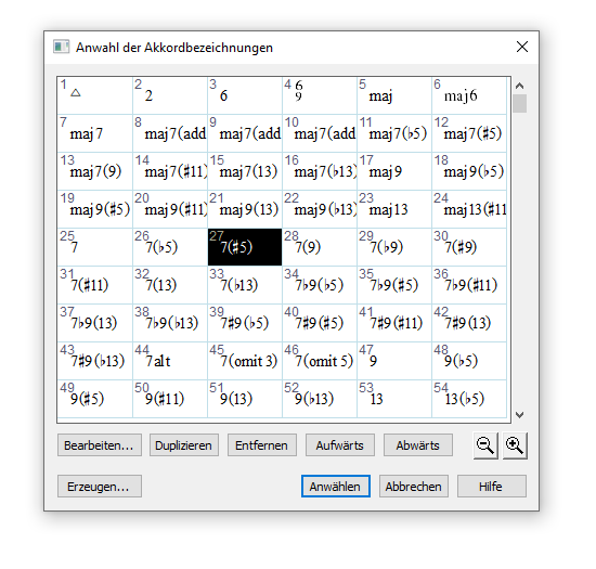 Dialogbox Anwahl der Akkordbezeichnungen