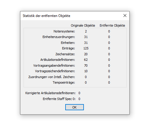 Dialogbox Statistik der entfernten Objekte