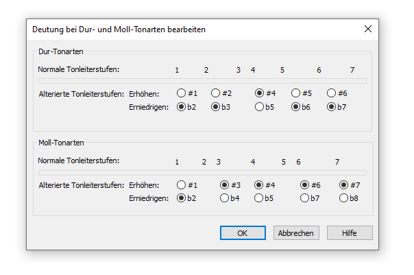 Dialogbox Deutung bei Dur- und Moll-Tonarten bearbeiten