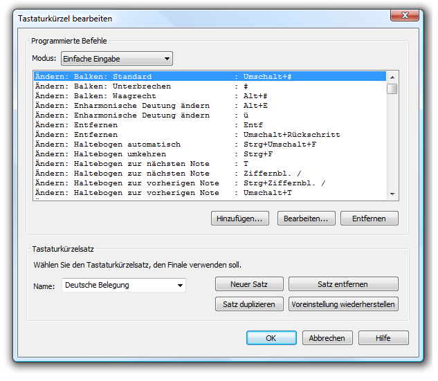 Dialogbox Tastaturkürzel bearbeiten