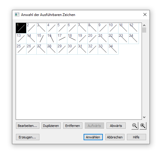Dialogbox Anwahl der Ausführbaren Zeichen