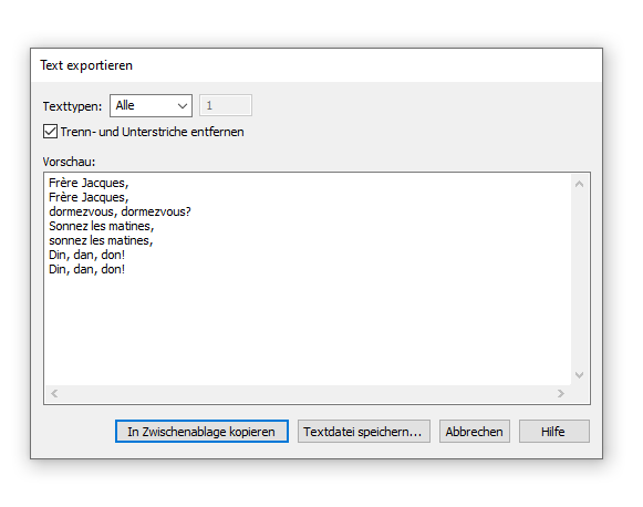 Dialogbox Texte exportieren