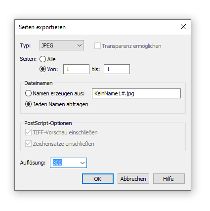 Dialogbox Seiten exportieren